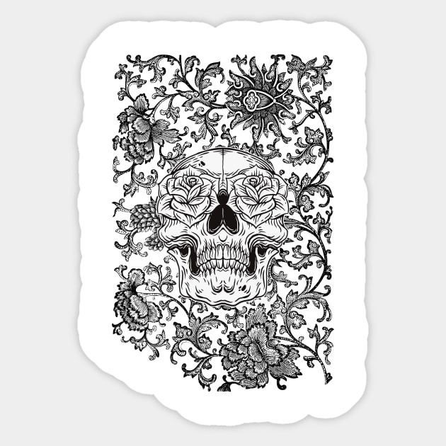 Skeleton Face Buried In Roses Sticker by NICHE&NICHE